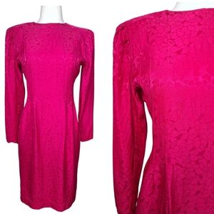 Vintage 80s 90s 100% Silk Midi Dress Sz Small Pink Long Sleeve Secretary Dynasty